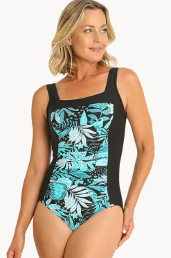 One Pieces|Jantzen Leaf Square Neck One Piece Aqua