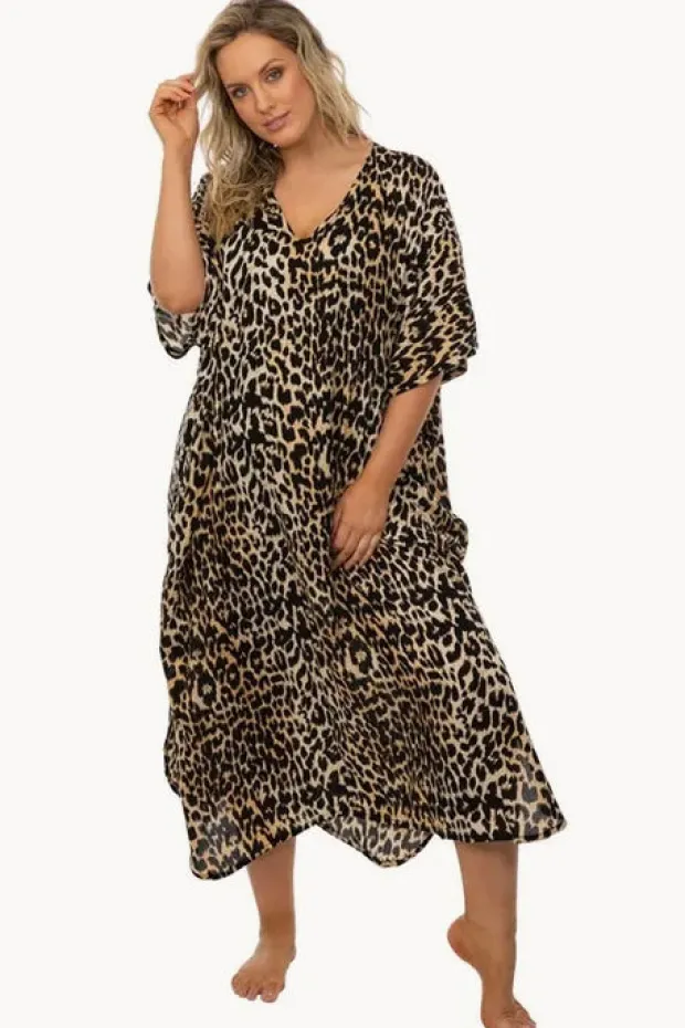 Overswim|Sundrenched Leopard Long Kaftan Black