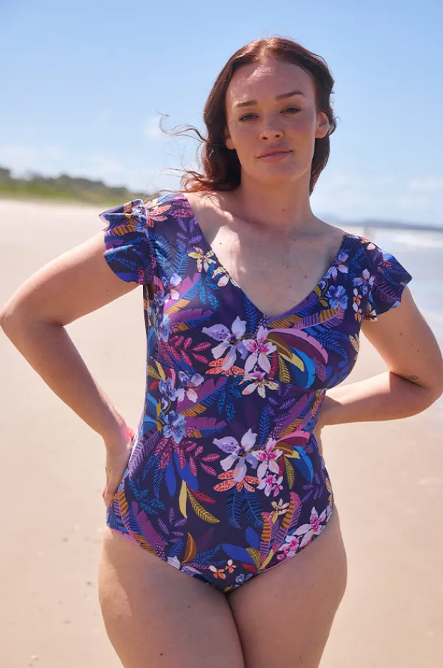 One Pieces|Capriosca Majorca Frill V Neck One Piece Purple/multi