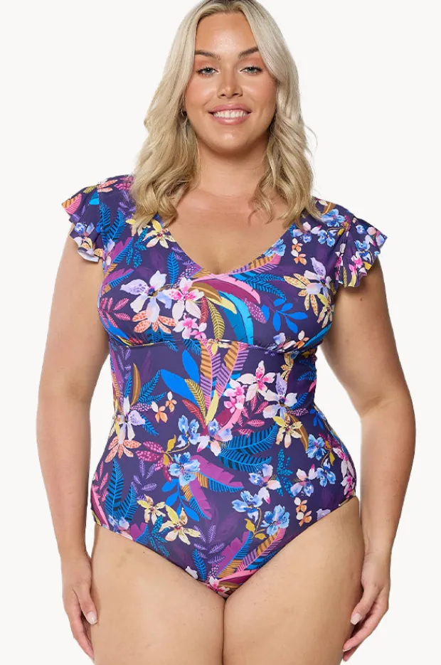 One Pieces|Capriosca Majorca Frill V Neck One Piece Purple/multi