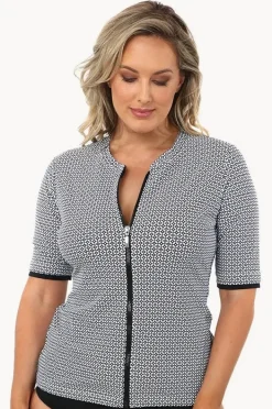 Rashies & Sunsuits|Babes In The Shade Mamiko Short Sleeve Zip Suntop Black/white