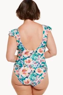 One Pieces|Capriosca Maui Frill Sleeve V Neck One Piece Pink/green