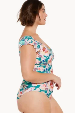 One Pieces|Capriosca Maui Frill Sleeve V Neck One Piece Pink/green