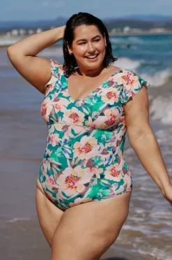 One Pieces|Capriosca Maui Frill Sleeve V Neck One Piece Pink/green