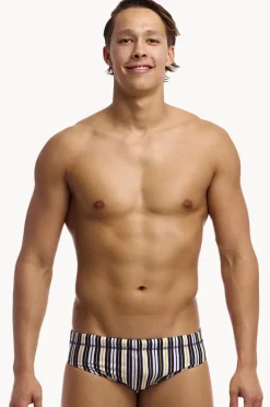 Briefs|Funky Trunks Mens Admiralty Stripe Brief Navy/yellow