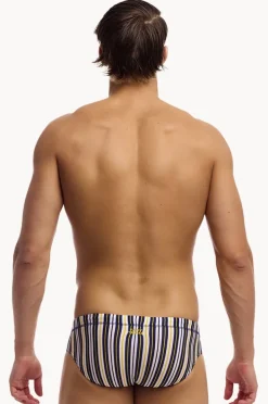 Briefs|Funky Trunks Mens Admiralty Stripe Brief Navy/yellow