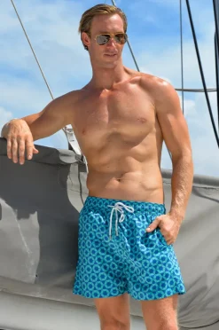 Boardshorts|Pier St. Barth Mens Hexa Swim Short Navy/turquoise