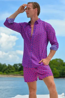 Boardshorts|Pier St. Barth Mens Hexa Swim Short Navy/pink