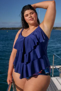 Tankini Tops|Capriosca Metallic Tiered Frill Tankini Separate Navy