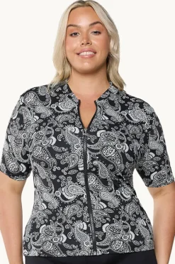 Rashies & Sunsuits|Capriosca Mono Paisley Short Sleeve Suntop Black/white