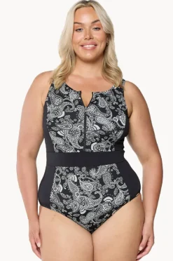 One Pieces|Capriosca Mono Paisley Zip High Neck One Piece Black/white