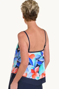 Tankini Tops|Maxine Mosaic Leaves Flutter Tankini Separate Navy/coral