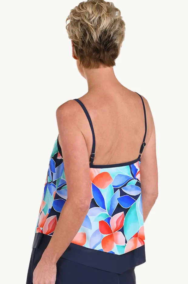 Tankini Tops|Maxine Mosaic Leaves Flutter Tankini Separate Navy/coral
