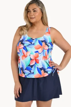 One Pieces|Maxine Mosaic Leaves Skirtini Swim Dress + Navy/Coral