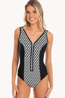 One Pieces|Togs Swimwear Odesssa Zip V Neck One Piece Black/White