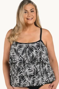 Tankini Tops|Maxine Palm Retreat Tiered Tankini Separate + Black/ivory