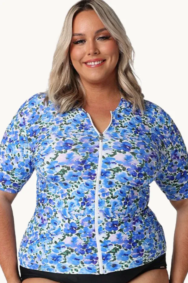 Rashies & Sunsuits|Capriosca Pansy Short Sleeve Zip Suntop White/purple