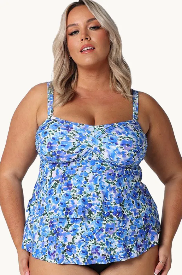 Tankini Tops|Capriosca Pansy Tiered Bandeau Tankini Separate White/Purple