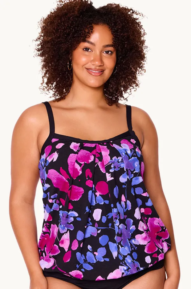 Tankini Tops|Genevieve Paper Flowers Blouson Tankini Separate Black/purple