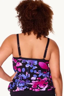 Tankini Tops|Genevieve Paper Flowers Blouson Tankini Separate Black/purple