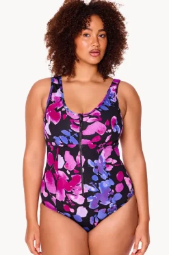 One Pieces|Genevieve Paper Flowers Zip Front One Piece Black/purple