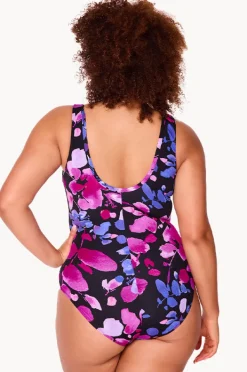 One Pieces|Genevieve Paper Flowers Zip Front One Piece Black/purple