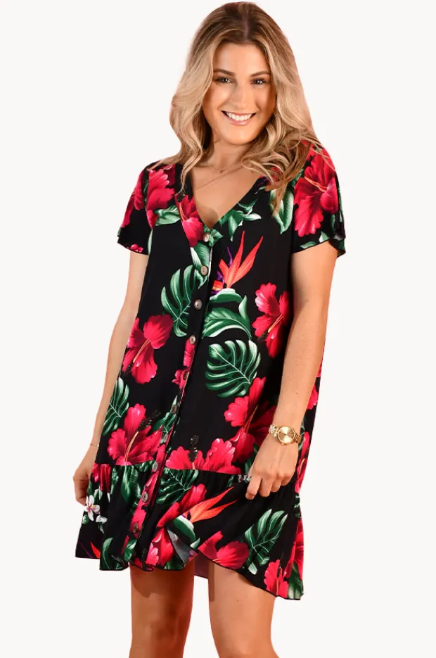 Dresses|Go Girl Pink Hibiscus Cap Sleeve Button Dress Black/multi
