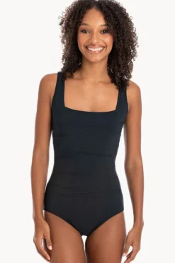 One Pieces|Togs Swimwear Plain Binded Square Neck One Piece BLACK
