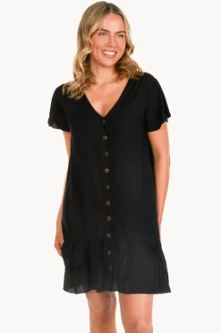 Dresses|Go Girl Plain Cap Sleeve Button Dress Black