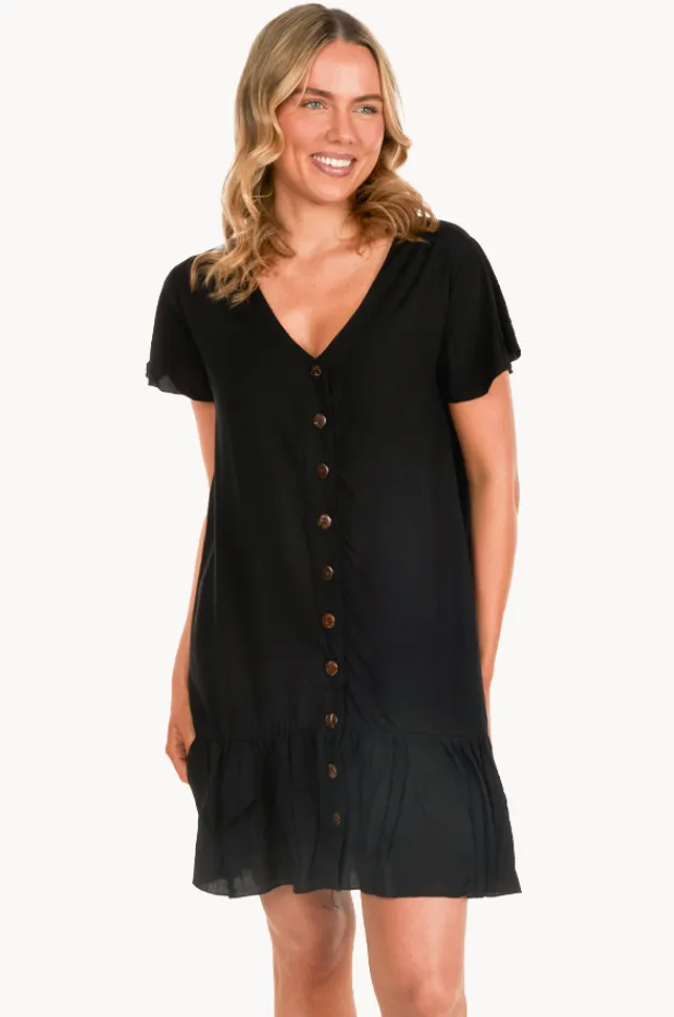 Dresses|Go Girl Plain Cap Sleeve Button Dress Black