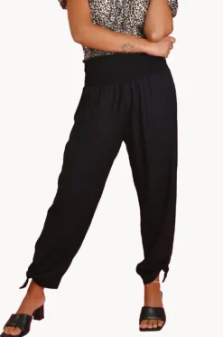 Pants|Go Girl Plain Long Rouched Tie Pants Black