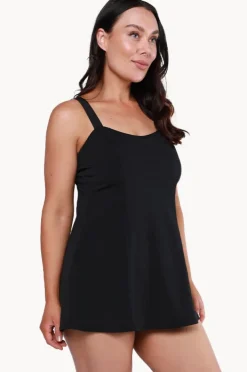 One Pieces|Capriosca Plain Panelled Swim Dress + Black