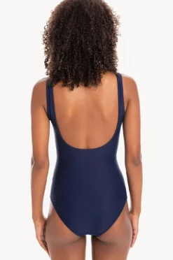 One Pieces|Togs Swimwear Plain Textured Mesh High Neck One Piece Navy