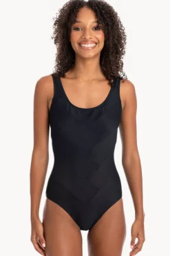 One Pieces|Togs Swimwear Plain Textured Round Neck One Piece Black