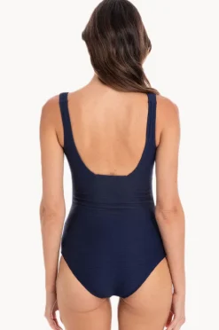 One Pieces|Togs Swimwear Plain Textured Square Neck One Piece Navy