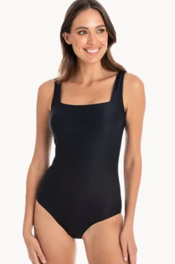 One Pieces|Togs Swimwear Plain Textured Square Neck One Piece Black