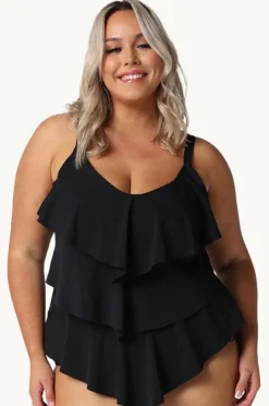 Tankini Tops|Capriosca Pool Tiered Frill Tankini Separate BLACK