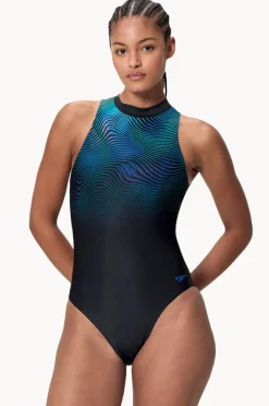 One Pieces|Speedo Printed Hydrasuit One Piece Black/Cobalt