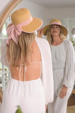 Headwear|Sundaise Ribbon Medium Brim Visor Cap Natural/Pink