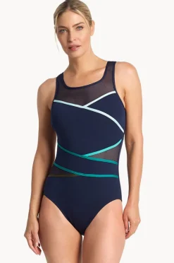 One Pieces|Poolproof Rozella Taped High Neck One Piece Navy/sky