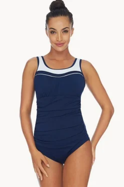 One Pieces|Poolproof Ruched Scoop Neck One Piece Navy