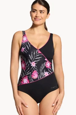 One Pieces|Zoggs Safari Leaf Wrap Front One Piece Black/pink