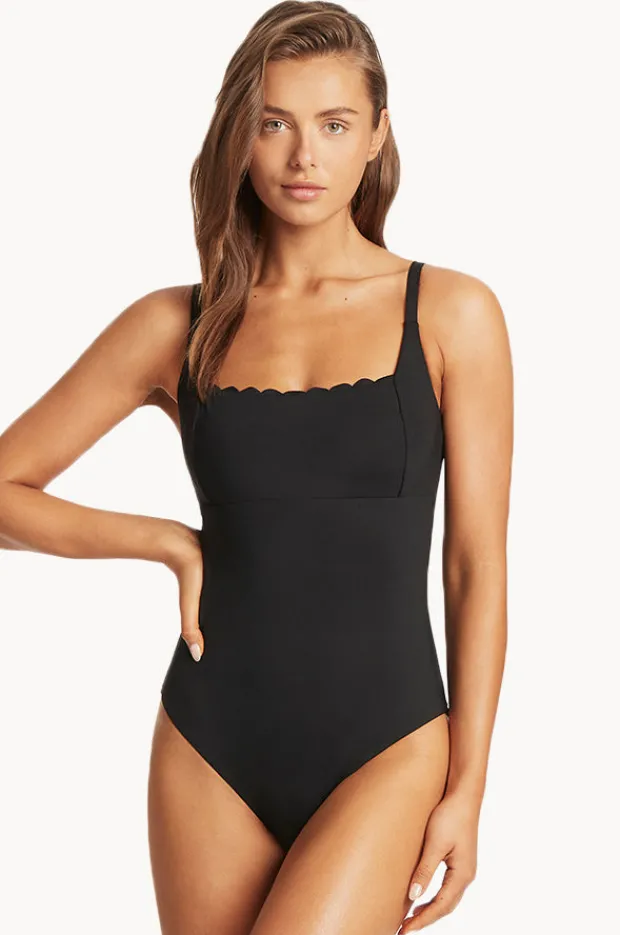 One Pieces|Sea Level Scalloped Square Neck Bralette One Piece Black