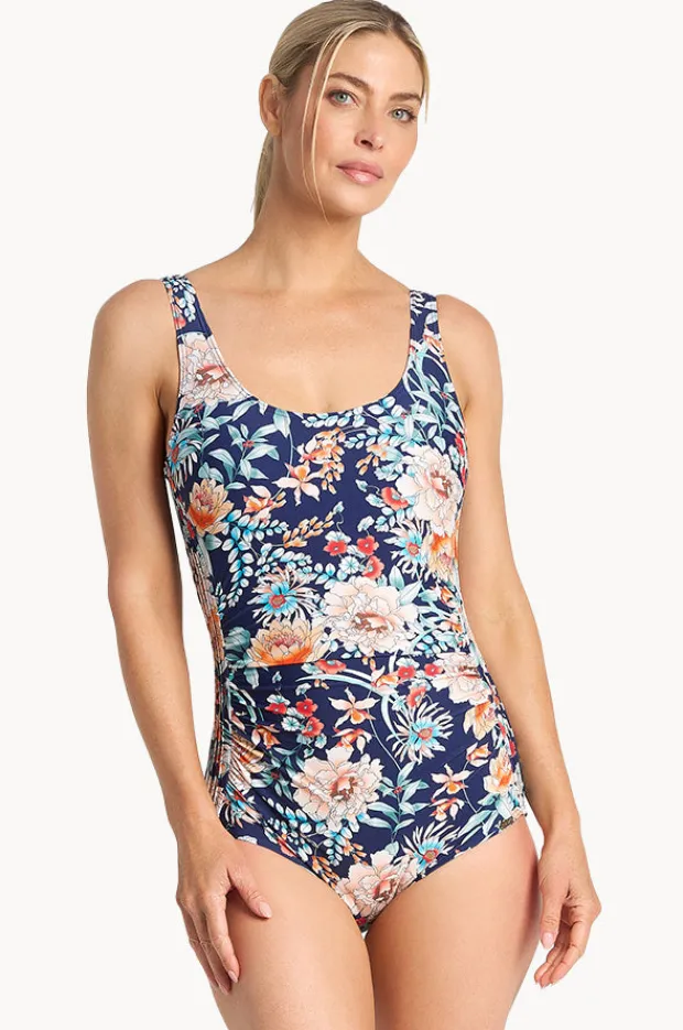 One Pieces|Jantzen Select Floral Pintuck One Piece Navy