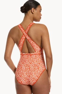 One Pieces|Jets Sereno Ditsy Plunge Waist Tie One Piece Coral