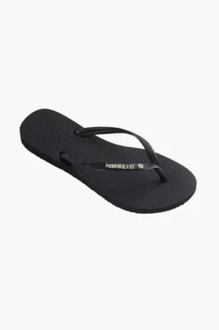 Footwear|Havaianas Slim Metal Logo Crystal Thong Black/black
