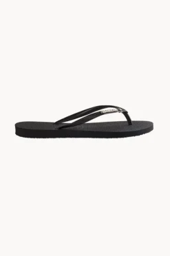 Footwear|Havaianas Slim Metal Logo Crystal Thong Black/black