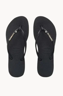 Footwear|Havaianas Slim Metal Logo Crystal Thong Black/black