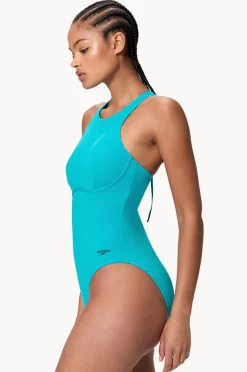 One Pieces|Speedo Solid Racerback Zip One Piece Blue