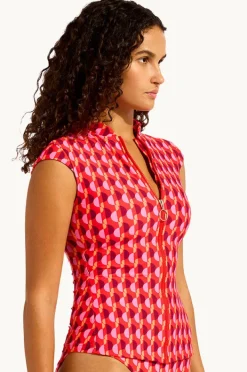 Rashies & Sunsuits|Seafolly Sorrento Cap Sleeve Suntop Flame